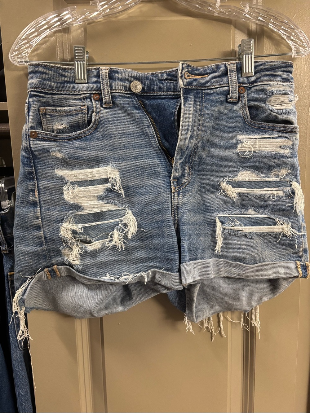 American Eagle Outfitters Light Blue Distressed Denim Roll-Hem Shorts